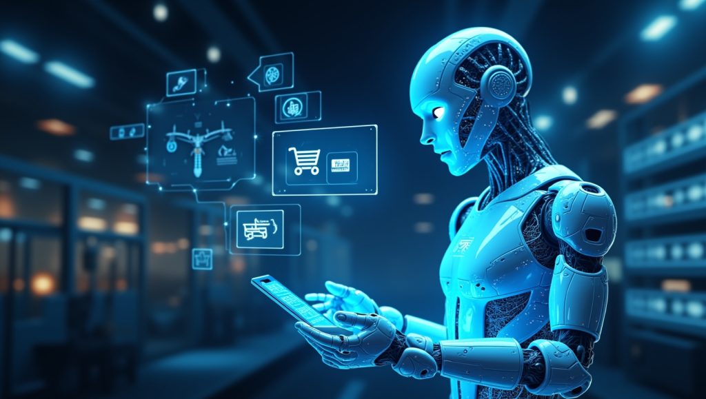A humanoid robot interacts with a digital tablet, surrounded by floating icons representing e-commerce, sales, and technology functions in a futuristic setting.